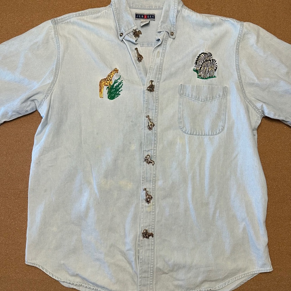 Jerzees Button Down Shirt Mens XL Blue Safari Animal Embroidery Metal Buttons